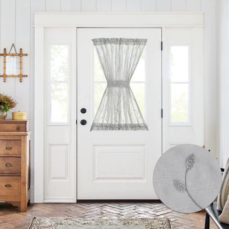 jinchan Sheer Door Curtain 40 Inches Grey Floral Embroidered Semi-Sheer Embroidery Voile Floral French Door Curtain Light Filtering Drape Rod Pocket 1 Panel Gray - Image 2